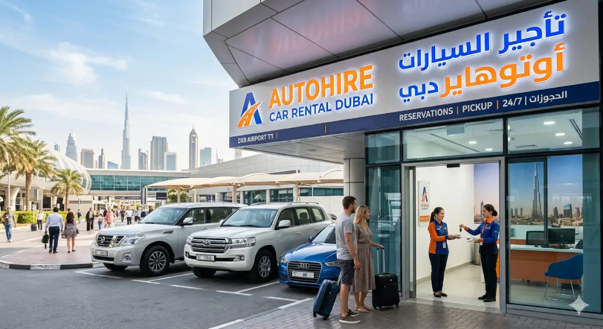 Luxury SUV driving through Dubai skyline