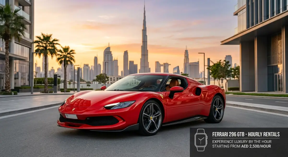 Luxury SUV driving through Dubai skyline