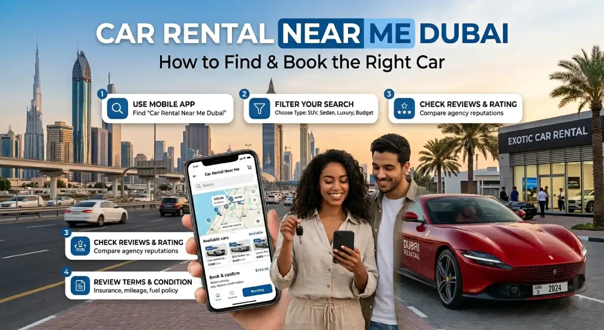 Luxury SUV driving through Dubai skyline