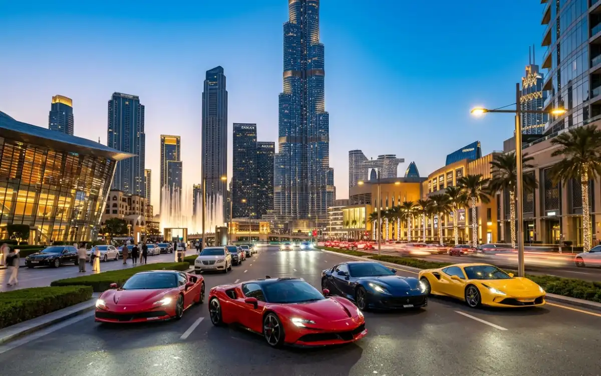 Luxury SUV driving through Dubai skyline
