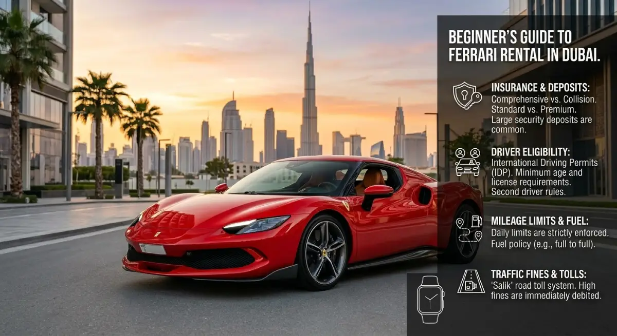 Luxury SUV driving through Dubai skyline