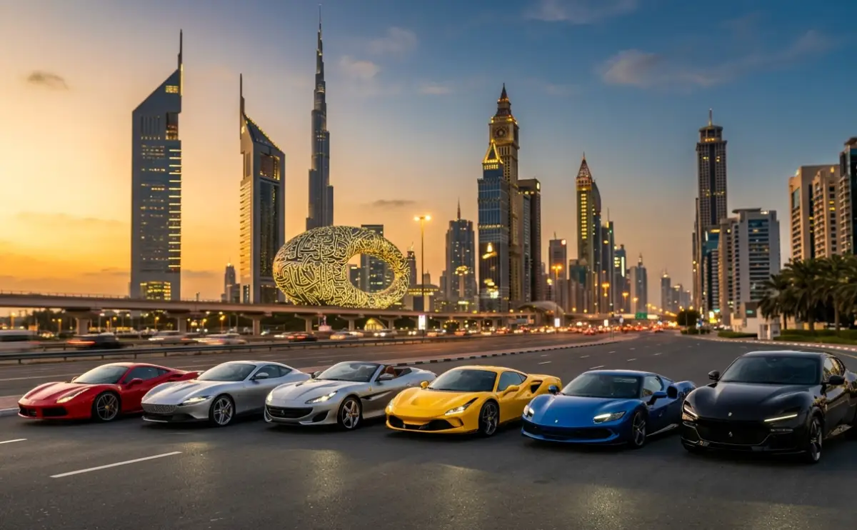 Luxury SUV driving through Dubai skyline
