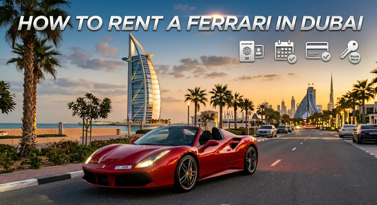 Luxury SUV driving through Dubai skyline