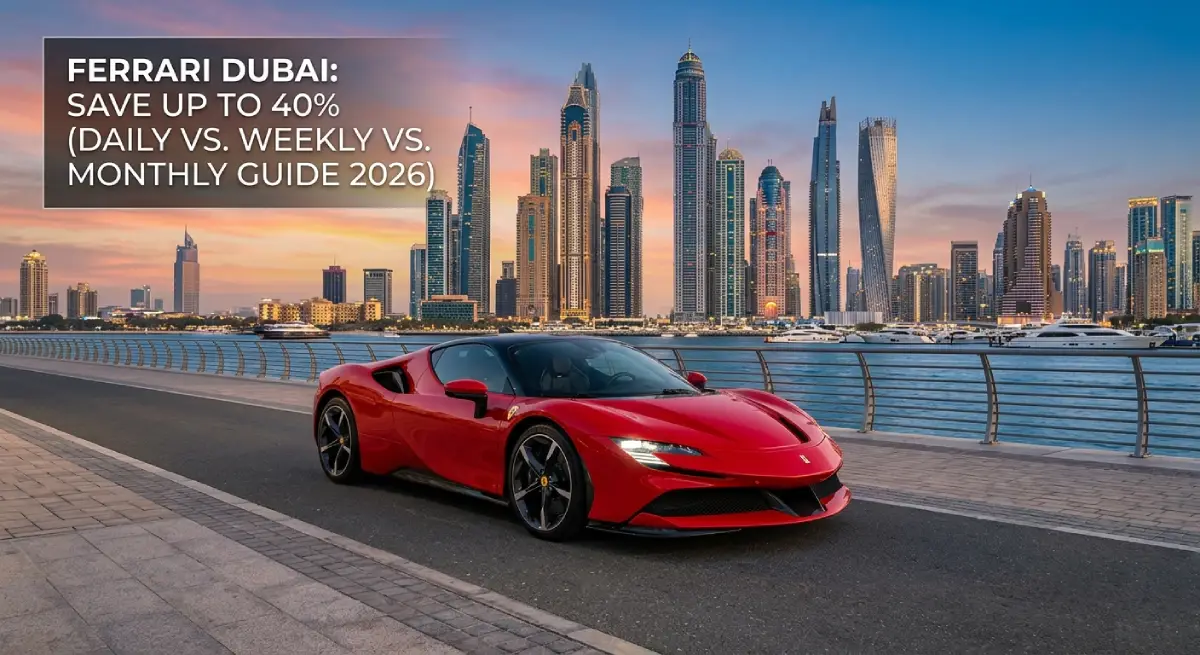 Luxury SUV driving through Dubai skyline