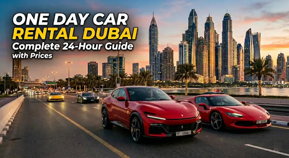 Luxury SUV driving through Dubai skyline