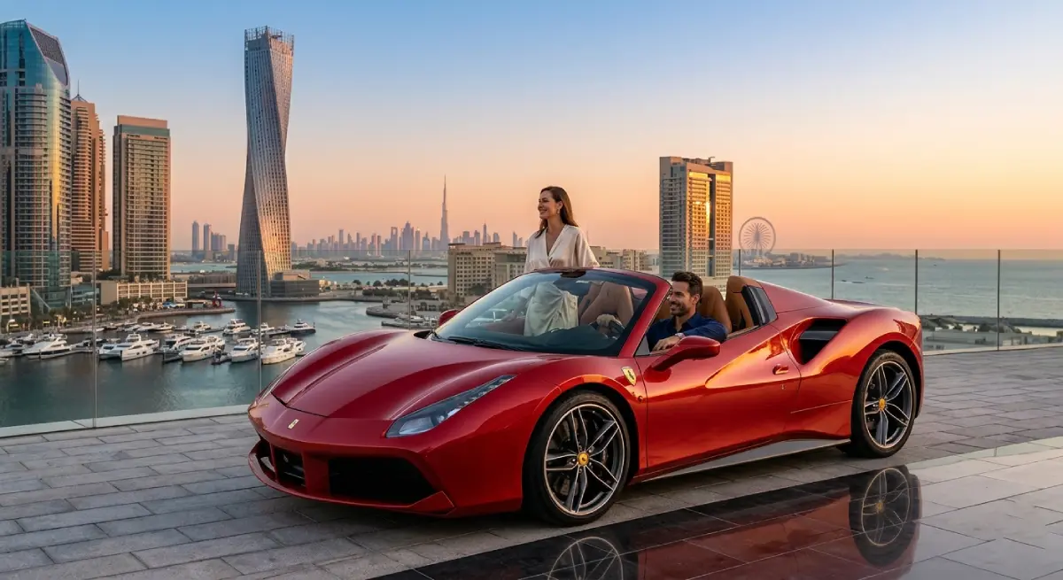 Luxury SUV driving through Dubai skyline