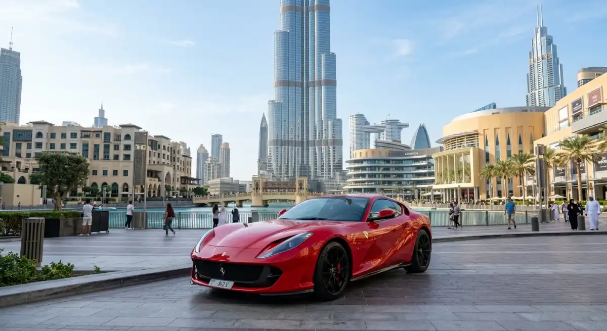 Luxury SUV driving through Dubai skyline
