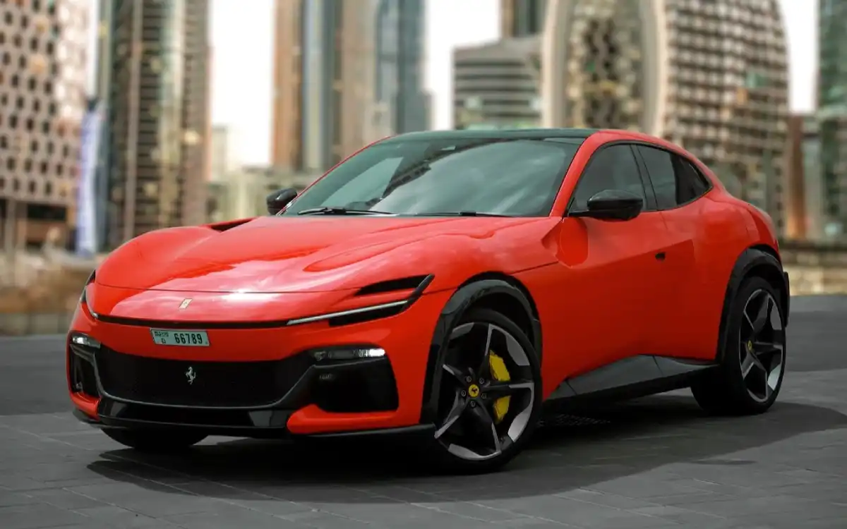 Luxury SUV driving through Dubai skyline