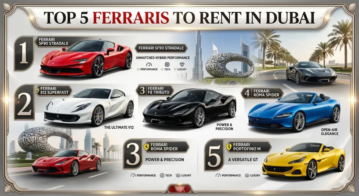 Luxury SUV driving through Dubai skyline